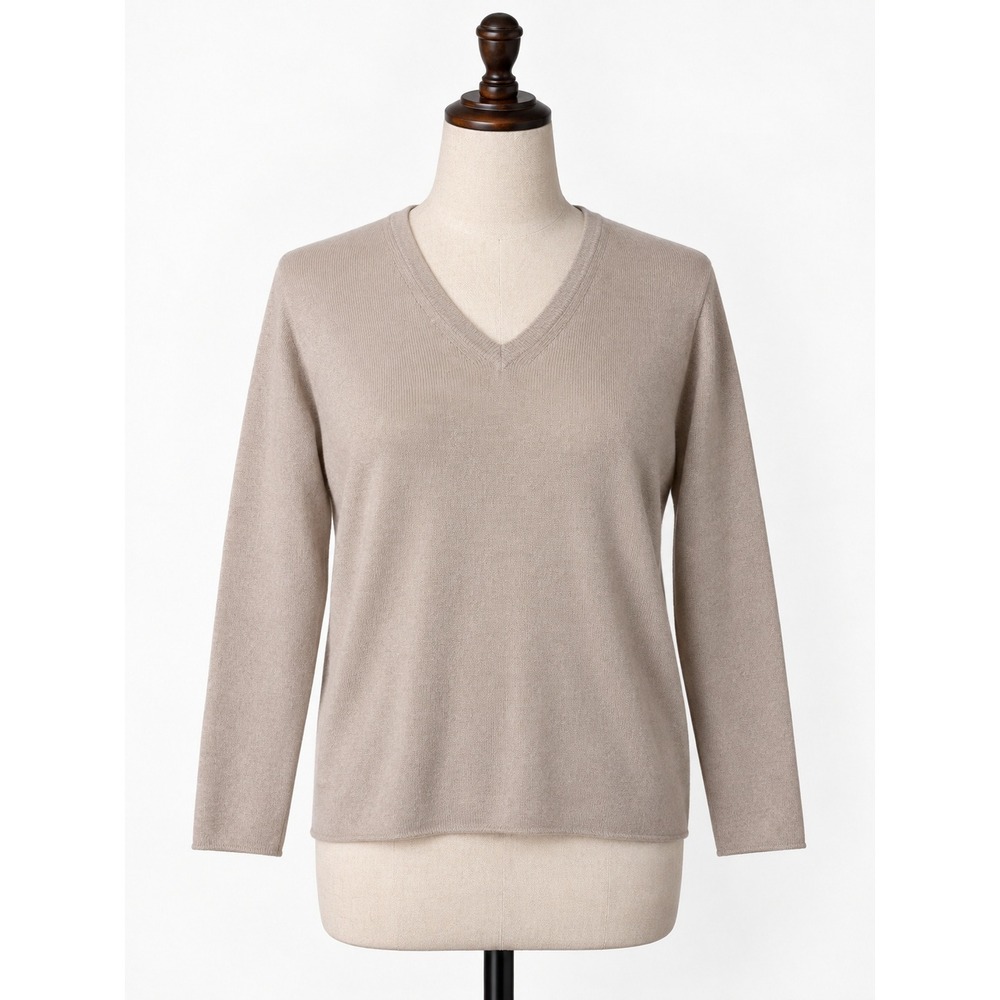 Tahari Pure Luxe 100% 2 Ply Cashmere V-Neck Sweater Beige Womens L Quiet Luxury